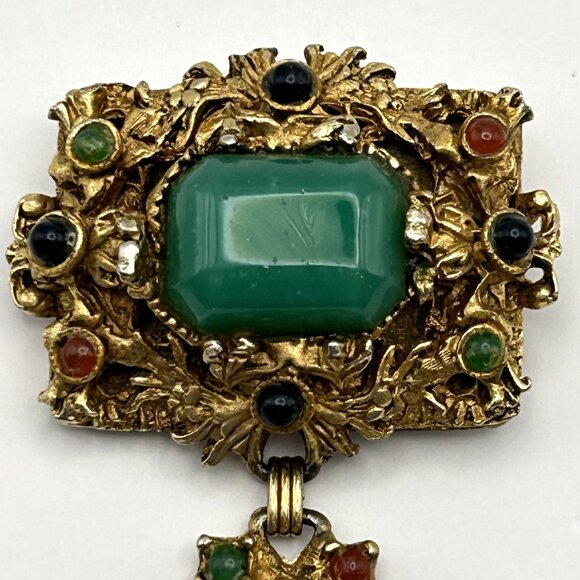 Vintage Kramer of New York Brooch Tassel Faux Jade Cabochon Gold Tone Rare - Picture 2 of 15